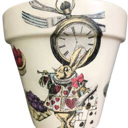Alice in Wonderland Flower Pot , Decoupaged White Rabbit Gifts, Unique Plant - thumbnail 2