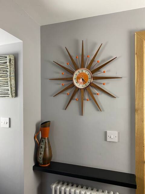 Handmade Mid Century Starburst Clock Teak Rays, Tangerine Dial, 27 Inch - image 1