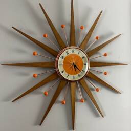 Handmade Mid Century Starburst Clock Teak Rays, Tangerine Dial, 27 Inch - thumbnail 3