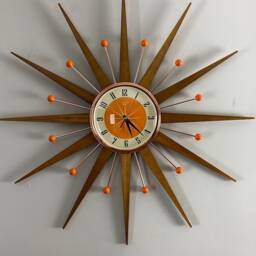 Handmade Mid Century Starburst Clock Teak Rays, Tangerine Dial, 27 Inch - thumbnail 2