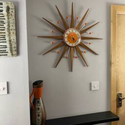 Handmade Mid Century Starburst Clock Teak Rays, Tangerine Dial, 27 Inch - thumbnail 4