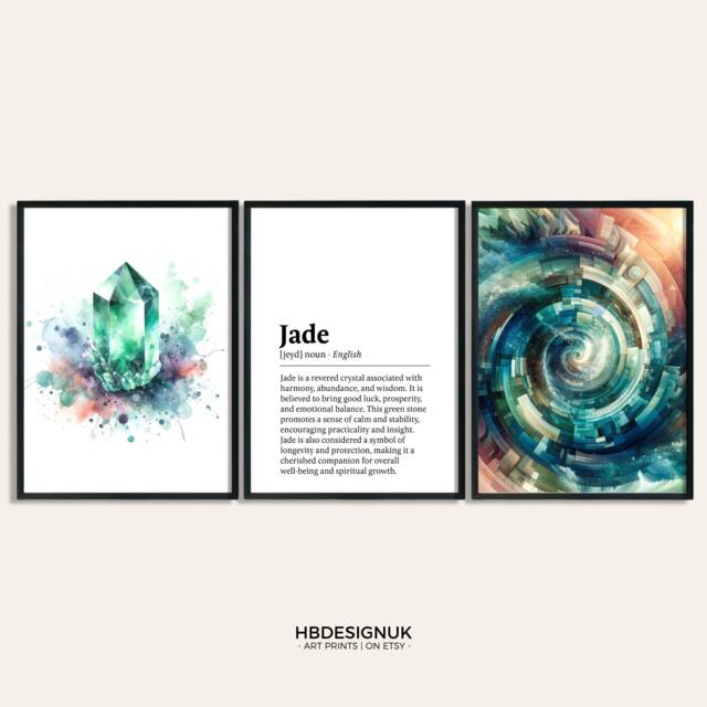 Jade Crystal Print - Set Of 3 Posters - Watercolour Gemstone Mineralogy Meaning Paintings Gifts Design Decor Wall Art - image 1
