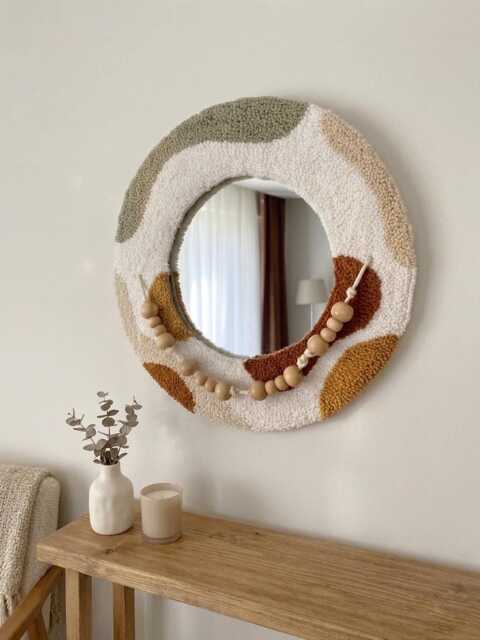 Beaded Punch Needle Mirror, Textured Tufted Wall Decor, Handmade Fiber Art Mirror - 25 cm - image 1