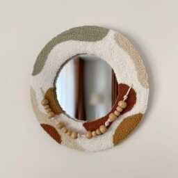 Beaded Punch Needle Mirror, Textured Tufted Wall Decor, Handmade Fiber Art Mirror - 25 cm - thumbnail 4