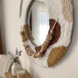 Beaded Punch Needle Mirror, Textured Tufted Wall Decor, Handmade Fiber Art Mirror - 25 cm - thumbnail 2