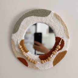 Beaded Punch Needle Mirror, Textured Tufted Wall Decor, Handmade Fiber Art Mirror - 25 cm - thumbnail 3