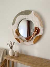 Beaded Punch Needle Mirror, Textured Tufted Wall Decor, Handmade Fiber Art Mirror - 25 cm