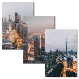Canvas Wall Art Set Of 3 - Night City Views With Skyscrapers & Lights, Orange Print On Canvas, Travels Decor