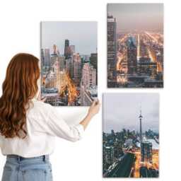 Canvas Wall Art Set Of 3 - Night City Views With Skyscrapers & Lights, Orange Print On Canvas, Travels Decor - thumbnail 2