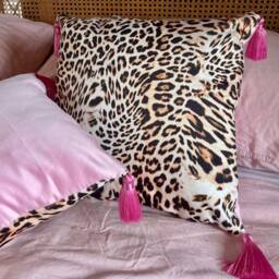 Handmade Velvet Leopard Print Pillow, Hot Pink Tassel Cushion - thumbnail 2
