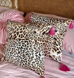 Handmade Velvet Leopard Print Pillow, Hot Pink Tassel Cushion