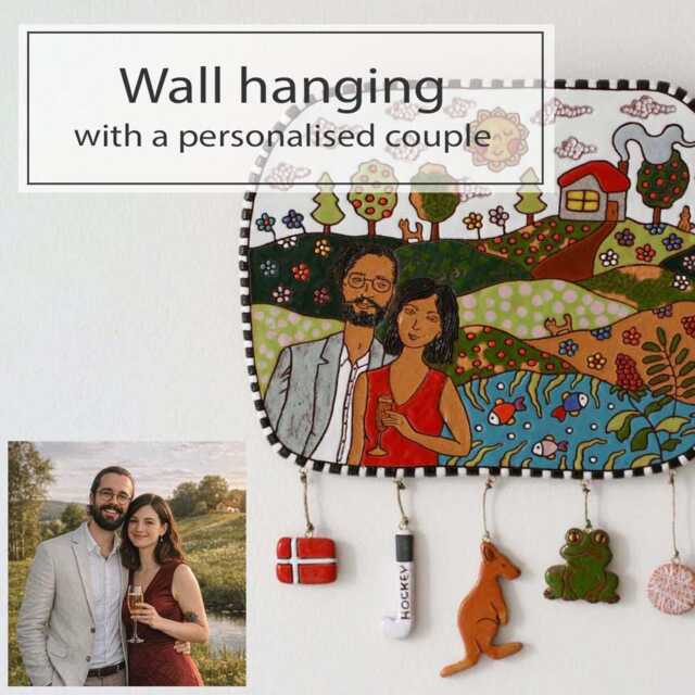 Personalised Couple Wall Hanging, Custom Portrait, Memorizable Wedding Anniversary Gift, Ceramic Decor With Pendants - image 1