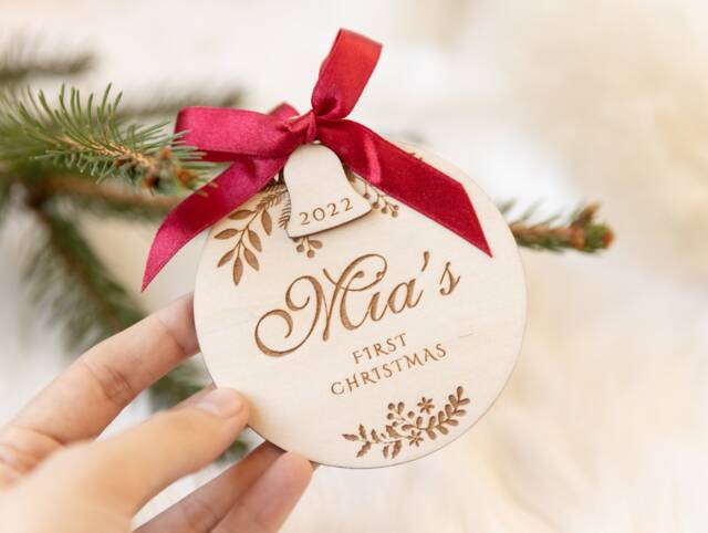 Keepsake Christmas Gift , Wooden Family Bauble Our First Ornament Personalised Newborn Baby 2022 - image 1