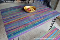 Candy Stripe Coastal Cottage Dining Table With Black Metal Hair Pin Or Tapered Wood Legs/Us Customers Customs Tariffs Are Pre-Paid