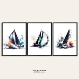 Sailing Boys Room Prints Set - Of 3 Posters - Sailor Gifts Watercolour Painting Print Wall Art Boating Artwork Decor - thumbnail 1
