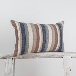 striped Linen Lumbar Pillow, Pastel Red White Blue, Farmhouse Cushion - thumbnail 2
