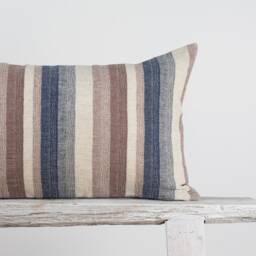 striped Linen Lumbar Pillow, Pastel Red White Blue, Farmhouse Cushion - thumbnail 3