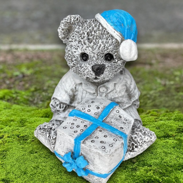 Bear With Gift Concrete Statue Handmade Figurine Cute Animal Sculpture Christmas Garden Decor Outdoor Stone Patio Ornament - image 1