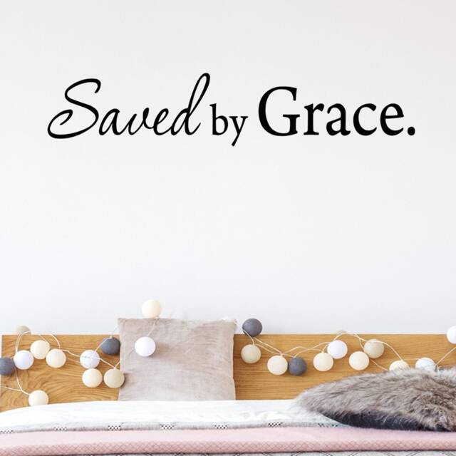 "Vwaq Saved By Grace Christian Wall Art Matte Black Vinyl Decal Bible Saying Girls Room Decor - 5""H X 22" - image 1