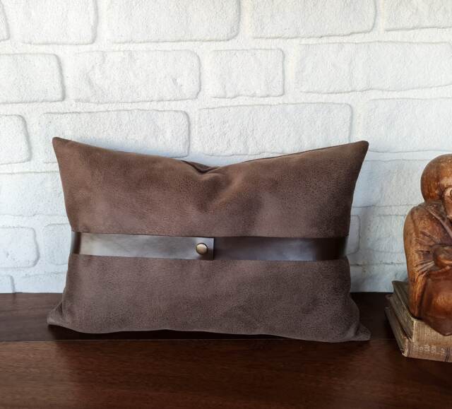 Brown Nubuck Pillow Cover With Faux Leather Strap - image 1