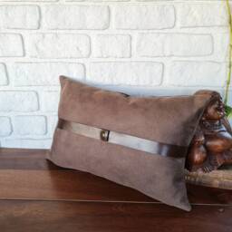 Brown Nubuck Pillow Cover With Faux Leather Strap - thumbnail 2