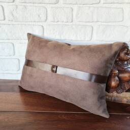 Brown Nubuck Pillow Cover With Faux Leather Strap - thumbnail 3