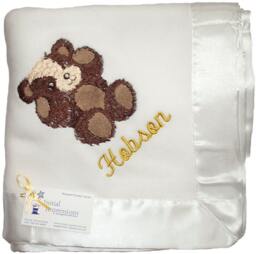 Personalized Satin Edged Microfleece Baby Blanket With Fuzzy Bear Embroidery & Child's Name Or Monogram