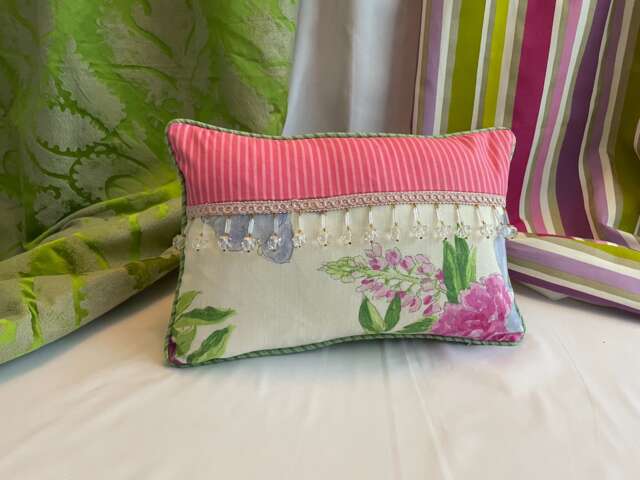 Designers Guild Floral Pillow Cover Lilac, Purple, Green, Beaded Trim - image 1