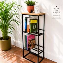 Industrial Bookcase Shelf - Oak & Steel Book Display Handmade Modern Bookshelf Small Space Storage Unit