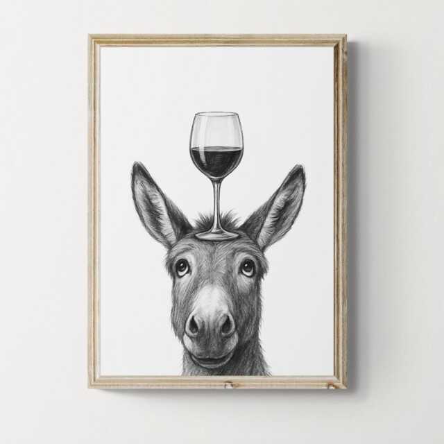 Donkey Art Print, Funny Animal & Wine Drawing, Lover Wall Decor, Lovers Gifts - image 1