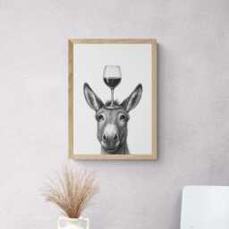 Donkey Art Print, Funny Animal & Wine Drawing, Lover Wall Decor, Lovers Gifts - thumbnail 2