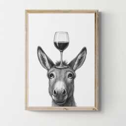 Donkey Art Print, Funny Animal & Wine Drawing, Lover Wall Decor, Lovers Gifts - thumbnail 1