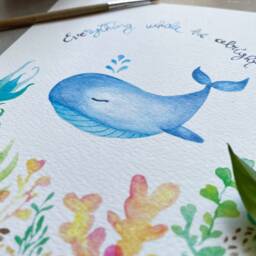 Watercolor Whale Print, Poster, Kids Sea Animals Drawings, Nursery Decor - thumbnail 2