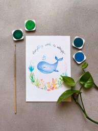 Watercolor Whale Print, Poster, Kids Sea Animals Drawings, Nursery Decor - thumbnail 1