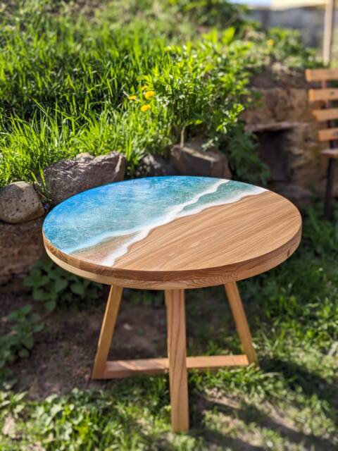 Handmade Round Epoxy Resin Table Ocean Waves Wood Accent Table - image 1