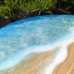 Handmade Round Epoxy Resin Table Ocean Waves Wood Accent Table - thumbnail 3