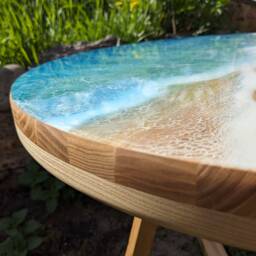 Handmade Round Epoxy Resin Table Ocean Waves Wood Accent Table - thumbnail 4