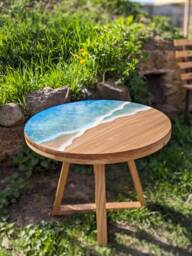 Handmade Round Epoxy Resin Table Ocean Waves Wood Accent Table
