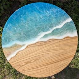 Handmade Round Epoxy Resin Table Ocean Waves Wood Accent Table - thumbnail 2