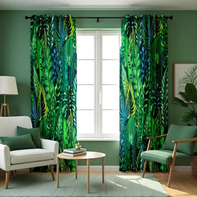 Tropical Leaf Curtains, Green Jungle Pattern Botanical Nature Drapes, Exotic Window Panels - image 1