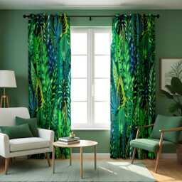 Tropical Leaf Curtains, Green Jungle Pattern Botanical Nature Drapes, Exotic Window Panels - thumbnail 1