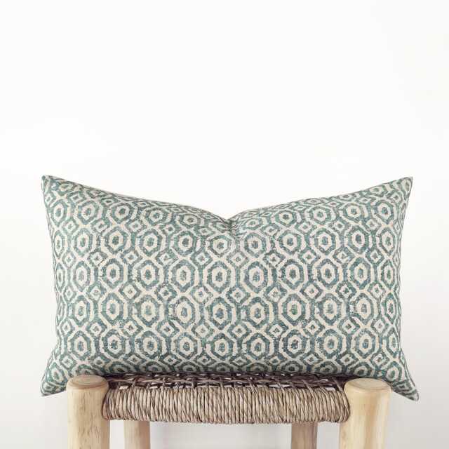 Blue-Green Lumbar Pillow Cover With Geometric Print - Organic Cotton Cushion - image 1
