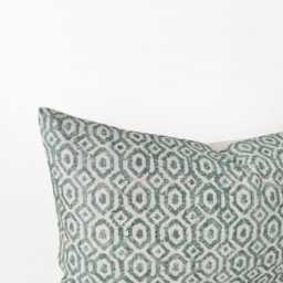 Blue-Green Lumbar Pillow Cover With Geometric Print - Organic Cotton Cushion - thumbnail 2