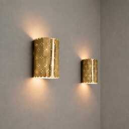Mid-Century Handmade Brass Cylinder Wall Sconce Up Down Ambient Lamp Perforated Star Light - thumbnail 2