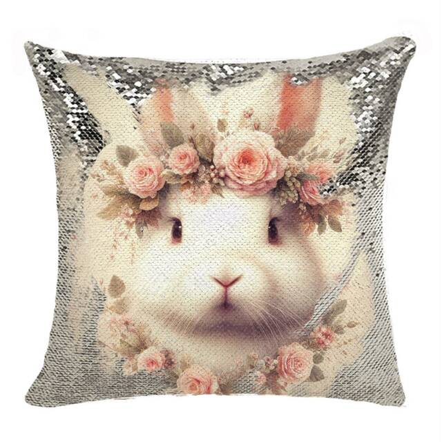 Rabbit Sequin Pillow Magic Pillowcase Square Throw Bunny Cushion Cover Accent Easter Gift - image 1