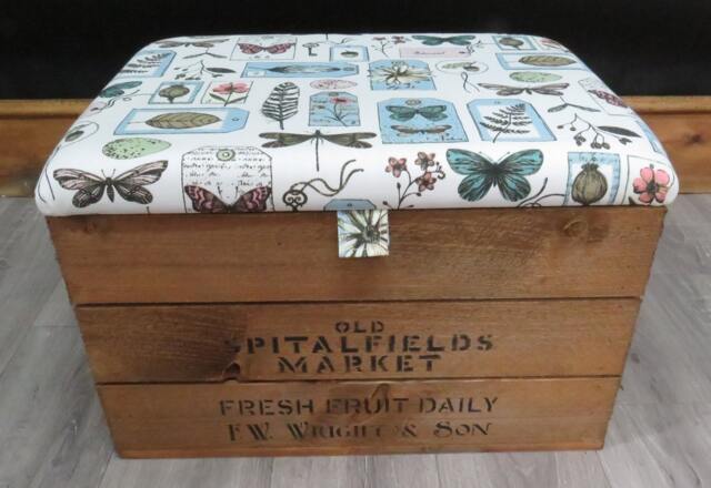 Rustic Wooden Storage Crate - Upholstered Fabric Lid Seat - image 1