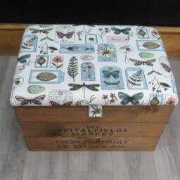 Rustic Wooden Storage Crate - Upholstered Fabric Lid Seat - thumbnail 2