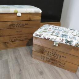 Rustic Wooden Storage Crate - Upholstered Fabric Lid Seat - thumbnail 3
