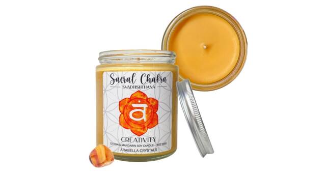 Sacral Chakra Candle Carnelian Crystal, Citron Mandarin Scent - image 1