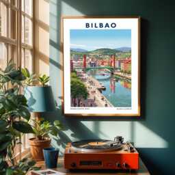 Bilbao Riverside Art Print Colorful Basque Cityscape Illustration - thumbnail 2